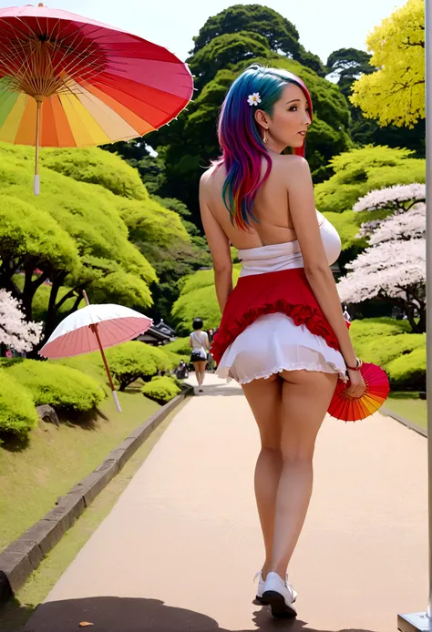 A lovely woman (miniskirt, rainbow hair, tube top, parasol) is a tourist in Japan, she is walking through a park while the cherries are in bloom, view from behind
