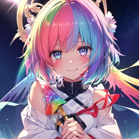 (((Extreme close-up　tears　smile　Hold a knife with both hands　Bleeding on the cheek)))　((輝くtears　Rainbow Hair　Rainbow Eyes　Short Hair　Receiving the light　smile　Rainbow light　Aurora))　(Shining Edge　Pillar of Light)