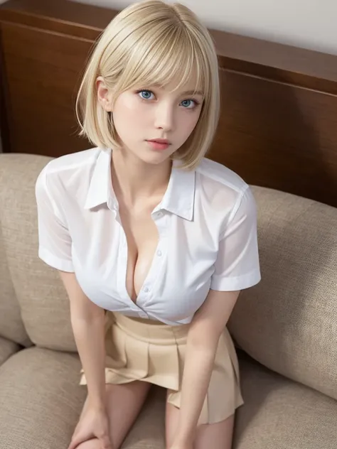 real、( face, virgin face,  masterpiece, 1 Girl, Very detailed, Fine skin, White skin, Lighten up the subject, Movie Light, beautiful face, Beautiful Eyes, Lip gloss), (((Ash Blonde Hair)))、((Short Bob))、((school uniform))、open shirt、Emphasize the cleavage、...