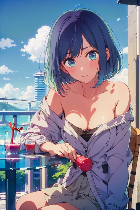 (Highest quality:1.4、8K:1.4、detailed)、F cup bust、Big Breasts、Slim body、Very white beautiful skin、((((1 person、Surprised expression、sit、Chair、In the background are the urban buildings of Tokyo、looking at the camera、Outdoor café terrace、Navy hair color、juice...