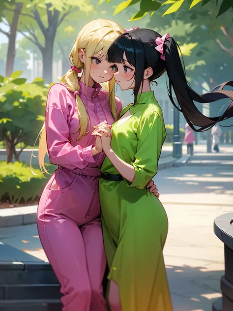 Two adult girls holding hands, One wears two blonde pigtails falling over her shoulders and a pink jumpsuit-type dress while the other wears a long-sleeved green dress., He has black eyes and black hair, long, loose hair without any ties, Her hair reaches ...