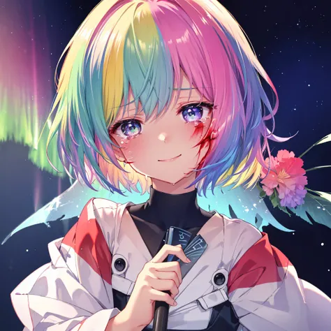 (((Extreme close-up　tears　smile　Hold a knife with both hands　Bleeding on the cheek)))　((輝くtears　Rainbow Hair　Rainbow Eyes　Short Hair　Receiving the light　smile　Rainbow light　Aurora))　(Shining Edge　Pillar of Light)