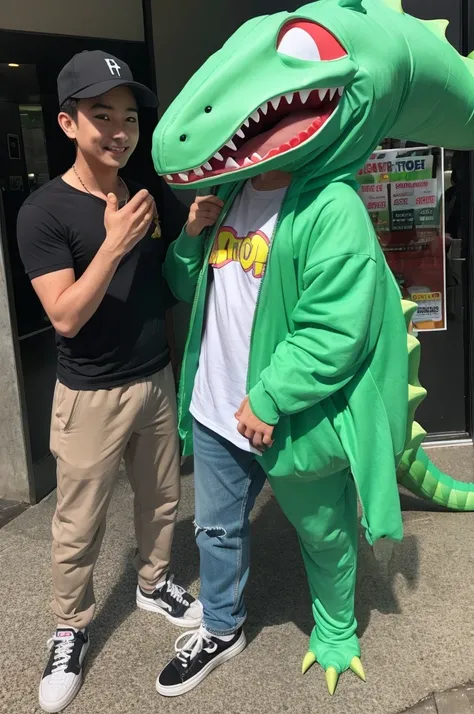 Man wearing a dinosaur costume