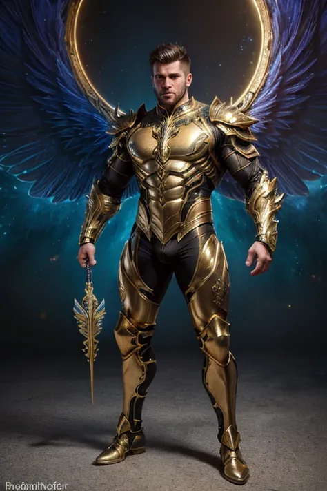  Full body photorealistic handsome hunky masculine fractal archangel .unreal engine, extremely attractive male wearing yellow bodysuit, big wide massive sparkling wings extremely masculine physique, intricately detailed metal body armour, bulge, realistic ...