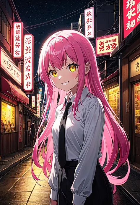 One girl, Long pink hair, Red Corner, White collared shirt, Black tie, A light smile, Yellow Eyes, Keratinous_force,, building,shop,Town Street, Dark Sky, scenery,Neon Signs,City of night, Japanese lyrics,, , Absurd, Fine grain, Very detailed, Volumetric l...