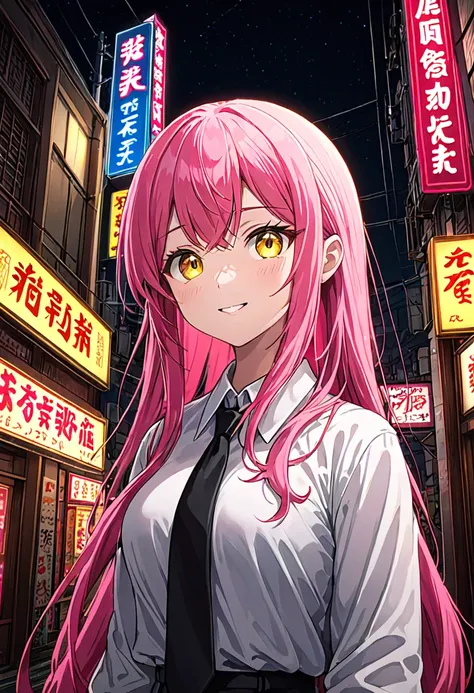 One girl, Long pink hair, Red Corner, White collared shirt, Black tie, A light smile, Yellow Eyes, Keratinous_force,, building,shop,Town Street, Dark Sky, scenery,Neon Signs,City of night, Japanese lyrics,, , Absurd, Fine grain, Very detailed, Volumetric l...