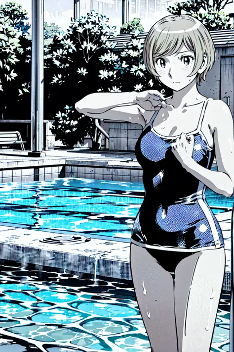 Blue school swimsuit、(masterpiece、Highest quality)、Highest quality, Ultra-high resolution, (((masterpiece))), alone, Sweat、Big eyes, Composition from the front、Shortcuts、Embarrassed face、Blonde、Cut your hair short、School swimming pool、short hair、Pussy Line...