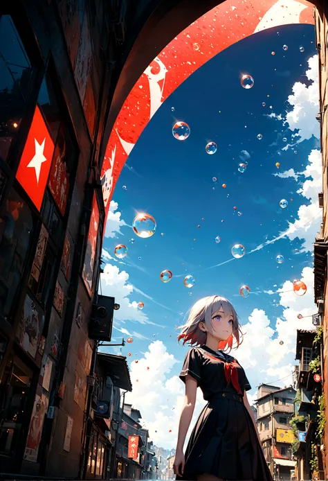 woman(student, 15 years old, ＪＫ, Short silver hair floating, Space-colored eyes, school black uniform, Pale skin, Tired face、lack of shine in the eyes) Looking up at the sky, (Many shiny red scale goldfish swimming in the air), (Transparent bubbles, like t...