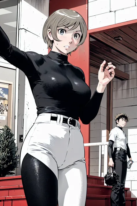 (野球uniform:1.2),
Blonde Hair, (short hair:1.2),Long sleeve, Black Shirt, turtleneck,White trousers、uniform、Black belt、((Illustration of people))、Big Boobs、
View Audience,, (Highest quality:1.3),One Girl, White pants、uniform、Outdoor、baseball ground、ground、s...