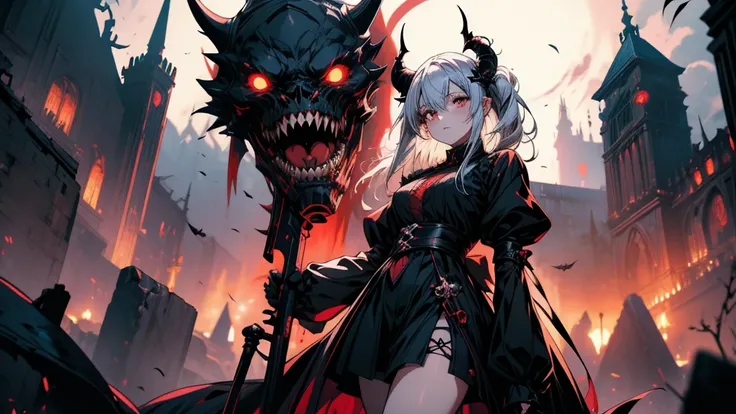 Anime girl with a demonic head and a demonic tail, Devil Anime Girl, Gothic Maiden Anime Girl, Anime Monster Girl, Gwaiz on pixiv artstation, From Arknights, Gwaiz on artstation pixiv, Gwaiz, Gap Moe Yandere Grimdark, Beautiful necromancer girl, Nier 2B, b...