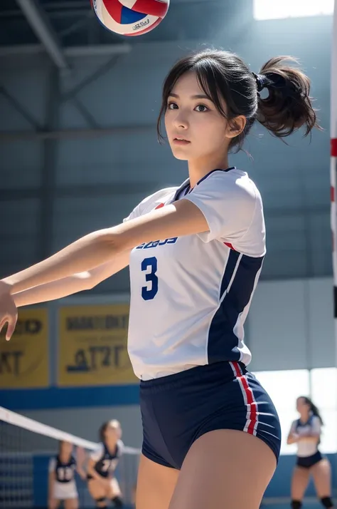 1girl, solo, volleyball player, ready stance, serving volleyball, graceful, skilled, sportswear, volleyball uniform, black hair,...