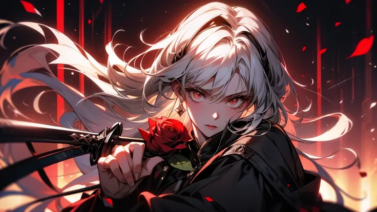 Close-up of a person holding a sword and a rose, From Arknights, A wicked Valentine&#39;s, Automated Kidney, White and red armor, Shadowverse Style, trending on artstation Pixiv, Kschaert Krentz Key Art Feminine, 8k high quality detailed art, Pixiv 3dcg, P...