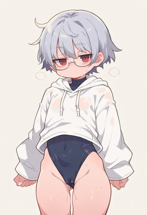 1girl,Silver Hair,Red eyes,Curly medium short hair,Square glasses,Wearing a large white coat,hoodie,,Dairy-free,Expressionless,Wipe away sweat,Character portrait,full Art,Leotard style swimsuit,Crotch crack,pussy juice