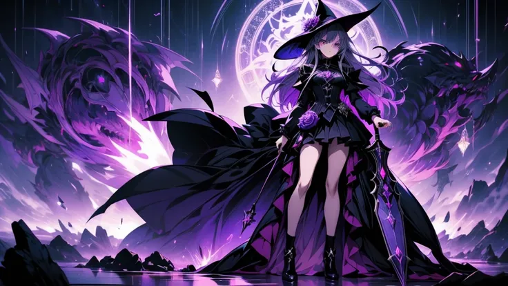 Anime girl in a purple dress holding a purple rose and a black and white umbrella, Shadowverse Style, Stylish Dark Witch, dark witch character, Gothic Maiden Anime Girl, Dark Sorceress Full View, Dark magician full body pose, Astral Witch Outfit, mechanize...