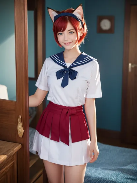 Highest quality,High resolution,１People Girl,whole body,fine,smile,looking at the camera,Bedroom,Dazzling lighting,short hair,Crimson hair,Blue eyes,Sailor suit,beautiful girl,Cat ears on the head,Cat tail on waist,smile,be happy,Landscape,