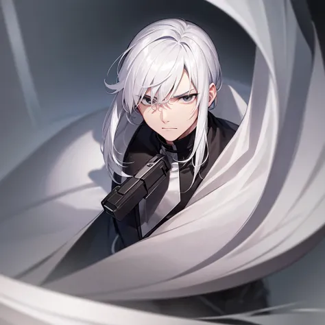 1man,White Hair,Black eyes with no highlights,A sharp face,Expressionless,Staring at me,battle,anime