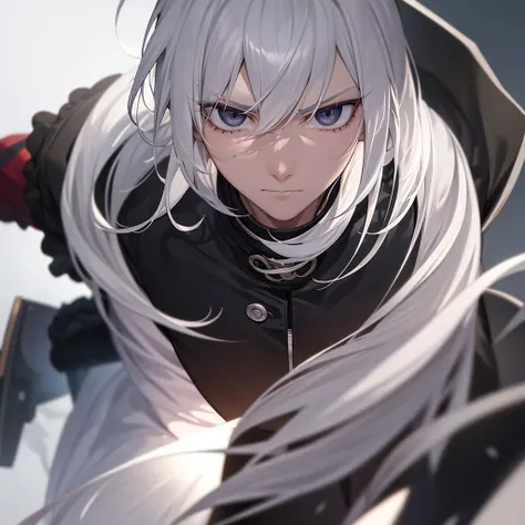 1man,White Hair,Black eyes with no highlights,A sharp face,Expressionless,Staring at me,battle,anime