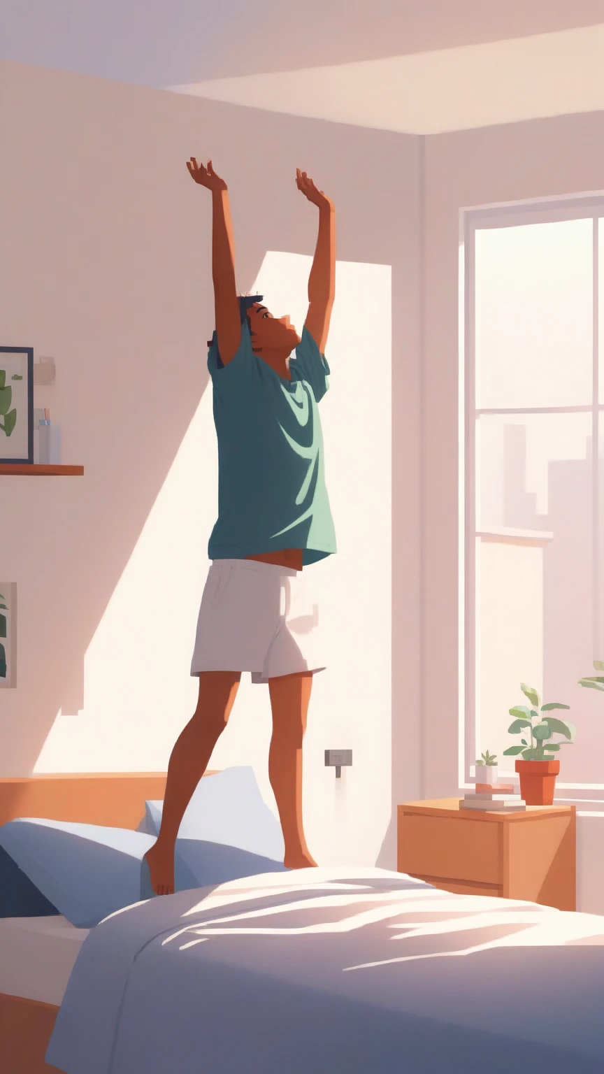 person getting out of bed lazily with one arm up reaching to the ceiling 
