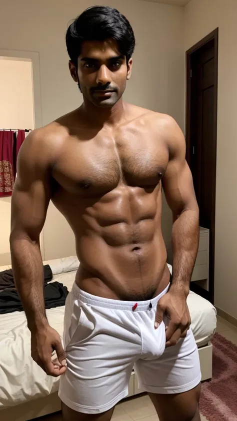 A hot indian man, changing in his room. His dick is erect while wearing his top.