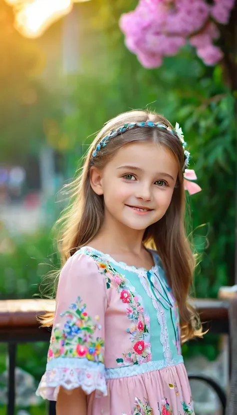 close-up of pretty Ukrainian girl,((flat chests:1.35)), wear pretty clothes,outdoor, bokeh background, UHD, 32K, 11 years old, astonishingly pretty,absolutely cute,cute smile,very adorable, absolutely stunning,