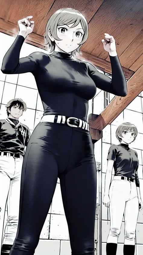 (野球uniform:1.2),
Blonde Hair, (short hair:1.2),Long sleeve, Black Shirt, turtleneck,White trousers、uniform、Black belt、((Illustration of people))、Big Boobs、
View Audience,, (Highest quality:1.3),One Girl, White pants、uniform、Outdoor、baseball ground、ground、s...