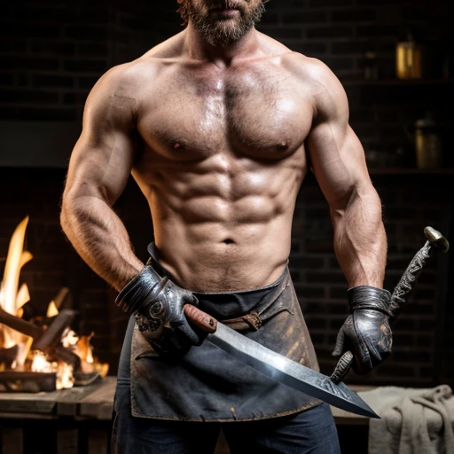 sexyblacksmith, gloves, naked apron, goggles, holding hammer, fire, anvil, spark, photo of a man forging a sword, realistic, masterpiece, intricate details, detailed background, depth of field,  asas de anjo  homem bonito com asas de anjos e plumas. Penis ...