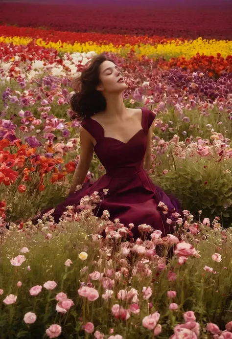 mujired,Picture a vast field of richly colored flowers, captured with a vintage film camera aesthetic, giving the image a classic, grainy texture reminiscent of analog photography. In this field, a woman in a dark red, retro-style dress is surrounded by a ...