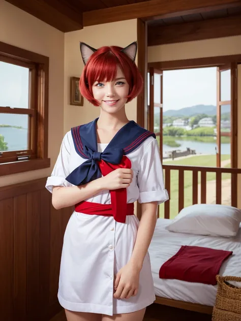 Highest quality,High resolution,１People Girl,whole body,fine,smile,looking at the camera,Bedroom,Dazzling lighting,short hair,Crimson hair,Blue eyes,Sailor suit,beautiful girl,Cat ears on the head,Cat tail on waist,smile,be happy,Landscape,