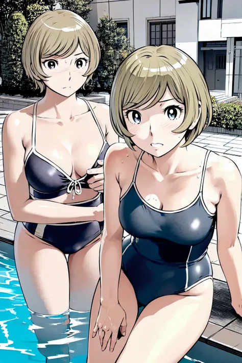 Blue school swimsuit、(masterpiece、Highest quality)、Highest quality, Ultra-high resolution, (((masterpiece))), alone, Sweat、Big eyes, Composition from the front、Shortcuts、Embarrassed face、Blonde、Cut your hair short、School swimming pool、short hair、Pussy Line...