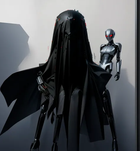 robot with wide shoulders, menacing frame, a white cloak over its mechanical body, black glossy metallic body, slim frame, slender