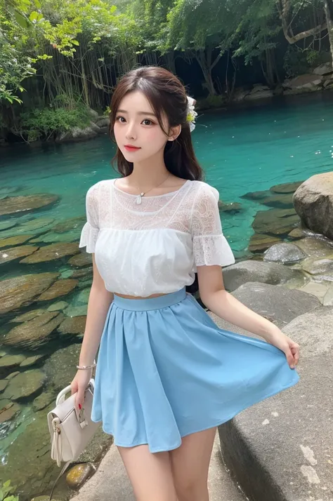 1 Girl, Clear water, Blue Butterfly, Pure white gauze skirt, Sparkling