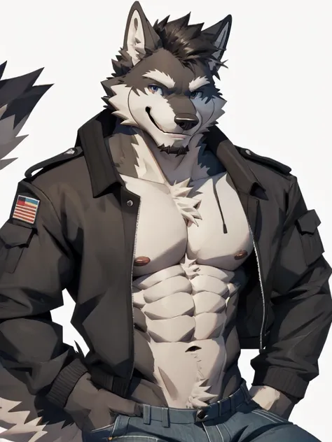 white background, Furry, wolf, male, muscular, wearing jacket, wearing, jeans, look at viewer, smiling