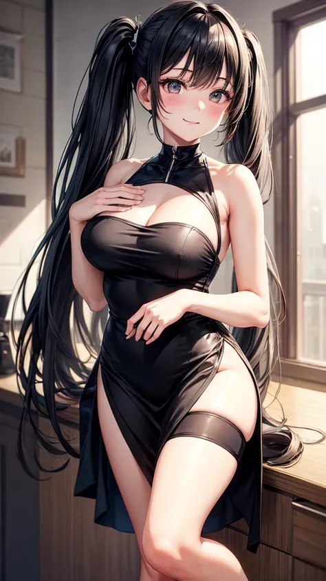 1girl, solo, A young woman with long grey hair tied in twin tails, wearing a black sleeveless dress and high heels, stands with her legs slightly apart and a playful smile on her face. She looks down at the viewer with a hint of mischief in her eyes. big_b...