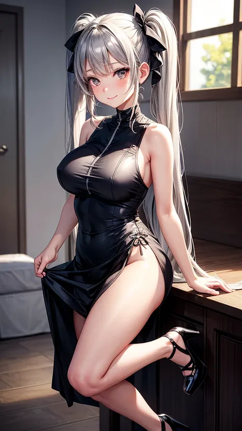 1girl, solo, A young woman with long grey hair tied in twin tails, wearing a black sleeveless dress and high heels, stands with her legs slightly apart and a playful smile on her face. She looks down at the viewer with a hint of mischief in her eyes. big_b...