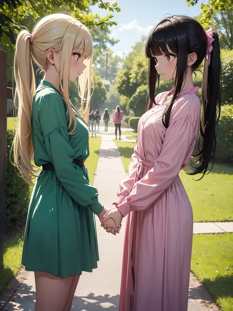 Two adult girls holding hands, One wears two blonde pigtails falling over her shoulders and a pink jumpsuit-type dress while the other wears a long-sleeved green dress., He has black eyes and black hair, long, loose hair without any ties, Her hair reaches ...