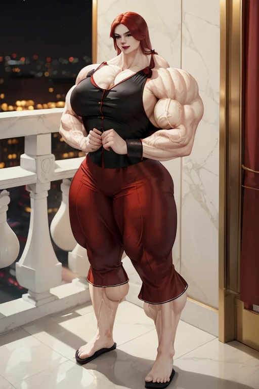 (((((Massive tall, beautiful, buff, pale white skinned muscular asian woman with red hair, black lipstick, ginormous bulky muscles, standing beautifully and wearing a silk red pajama blouse with red silk pajamas pants))))), close view, massive muscles, mas...