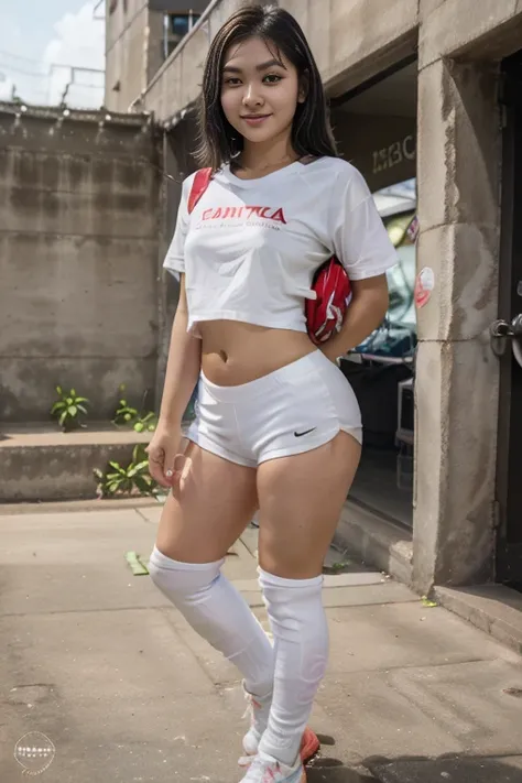 Young sweet beautiful Bogor city sporty girl, an Indonesian national soccer team suporter girl, 20 years old, slim body,  georgeus sweet face, short wavy black hairs,  wearing red t-shirt with Garuda emblem on the left chest, wearing white short pant, wear...