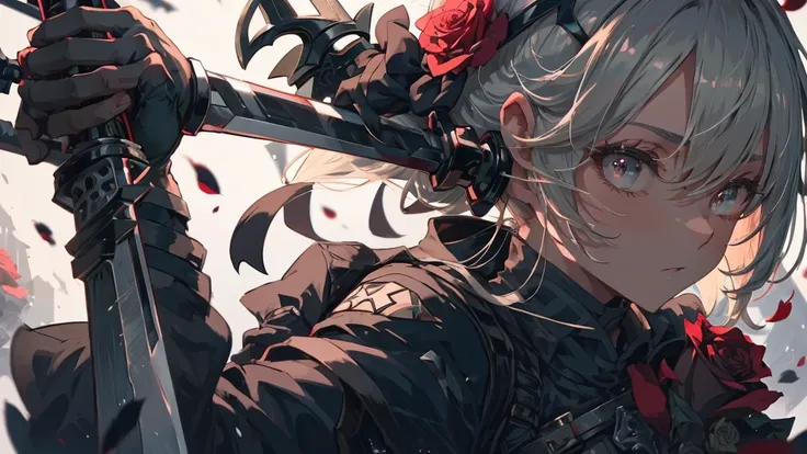 Close-up of a person holding a sword and a rose, From Arknights, A wicked Valentine&#39;s, Automated Kidney, White and red armor, Shadowverse Style, trending on artstation Pixiv, Kschaert Krentz Key Art Feminine, 8k high quality detailed art, Pixiv 3dcg, P...