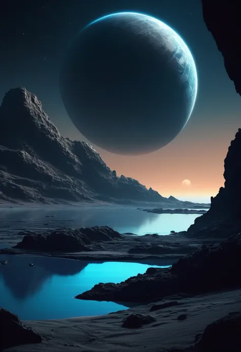 create a vision of two dark gray planets superimposed in dark nocturnal outer space seen from the blue surface of a sandy PLANET with no mountains and a sandy surface and dark blue water cyberpunk style at night in the distance, has a wide and low 2-story ...