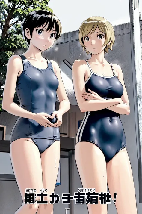 Blue school swimsuit、(masterpiece、Highest quality)、Highest quality, Ultra-high resolution, (((masterpiece))), alone, Sweat、Big eyes, Composition from the front、Shortcuts、Embarrassed face、Blonde、Cut your hair short、School swimming pool、short hair、Pussy Line...