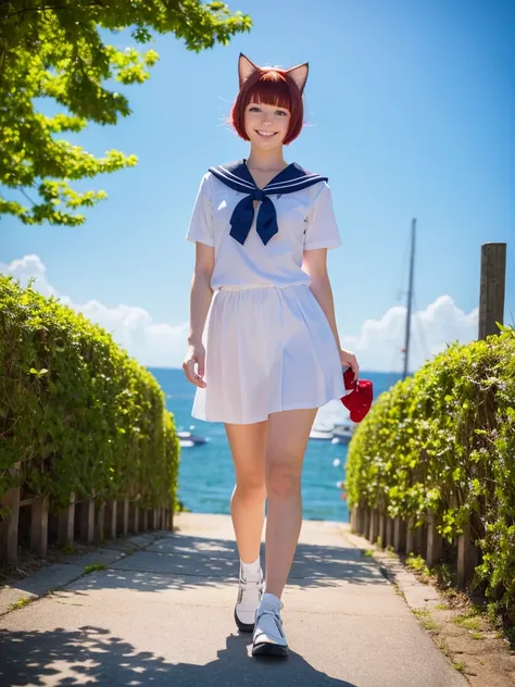 Highest quality,High resolution,１People Girl,whole body,fine,smile,looking at the camera,short hair,Crimson hair,Blue eyes,Sailor suit,beautiful girl,Cat ears on the head,Cat tail on waist,smile,be happy,Landscape,walk,