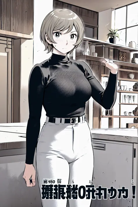 (野球uniform:1.2),
Blonde Hair, (short hair:1.2),Long sleeve, Black Shirt, turtleneck,White trousers、uniform、Black belt、((Illustration of people))、Big Boobs、
View Audience,, (Highest quality:1.3),One Girl, White pants、uniform、Outdoor、baseball ground、ground、s...