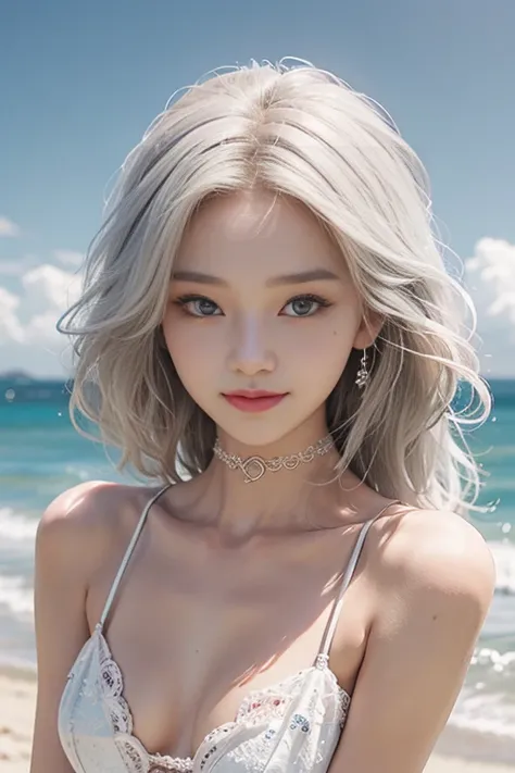 (Best quality,realisticphoto,detailed:1.1),Korean k_pop girl、Beautiful double eyelids、very Small flat breasts,white hair,Beautiful Skin,beautiful maked up face,narrow eyes,thin lips,large mouth,delicate slim body,smile,fun,beach