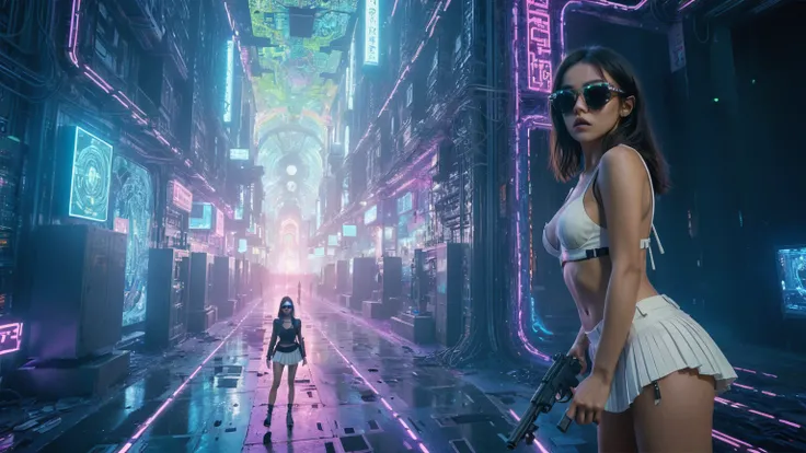 Cyberpunk female plagiarist immersed in digital theft, neon-lit alias within a vast online labyrinth, grotesque grunge brushing into surrealism, illuminated by kaleidoscopic volumetric light, a detailed masterpiece reminiscent of Moebius distinctive style,...