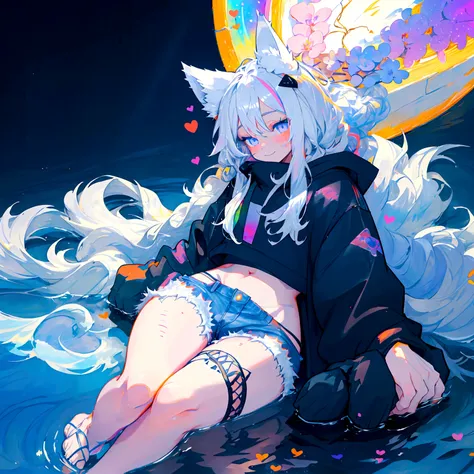 a cute adult male with wolf ears, long white hair, long locks, has a wolf tail, wearing a loose cropped black hoodie, wearing a pair of denim short shorts and fishnet stockings, thick thighs, wide hips, relaxing on mound of fluffy multi colored kawaii plus...