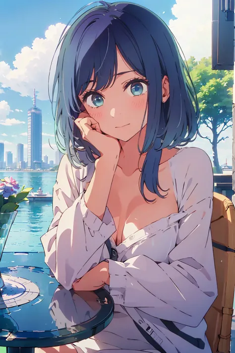 (Highest quality:1.4、8K:1.4、detailed)、F cup bust、Big Breasts、Slim body、Very white beautiful skin、((((1 person、Surprised expression、sit、Chair、In the background are the urban buildings of Tokyo、looking at the camera、Outdoor café terrace、Navy hair color、juice...