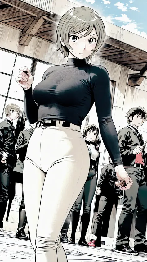 (野球uniform:1.2),
Blonde Hair, (short hair:1.2),Long sleeve, Black Shirt, turtleneck,White trousers、uniform、Black belt、((Illustration of people))、Big Boobs、
View Audience,, (Highest quality:1.3),One Girl, White pants、uniform、Outdoor、baseball ground、ground、s...