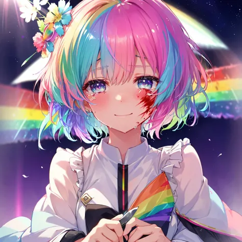 (((Extreme close-up　tears　smile　Hold a knife with both hands　Bleeding on the cheek)))　((輝くtears　Rainbow Hair　Rainbow Eyes　Short Hair　Receiving the light　smile　Rainbow light　Aurora))　(Shining Edge　Pillar of Light)