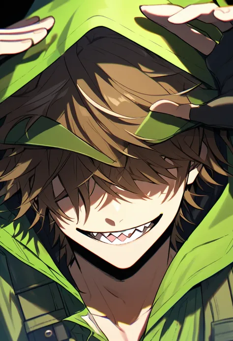 Handsome, solo, 1 male, messy brown hair, green hood, shadow covers his eyes, sharp teeth, green jacket, black fingerless gloves, smile facial