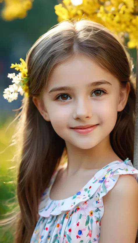 close-up of pretty Ukrainian girl,((flat chests:1.35)), wear pretty clothes,outdoor, bokeh background, UHD, 32K, 11 years old, astonishingly pretty,absolutely cute,cute smile,very adorable, absolutely stunning,